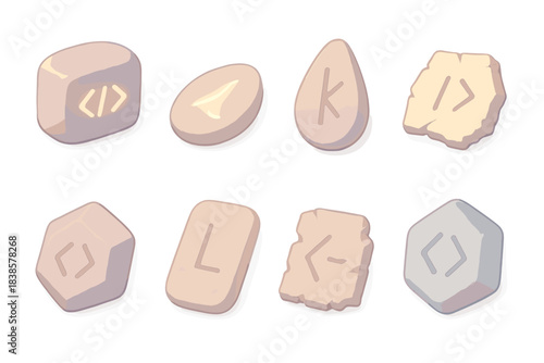 Etched Data Glyphs. Isometric vector illustration set Command stones of code: etched data glyphs, glowing sand lines,