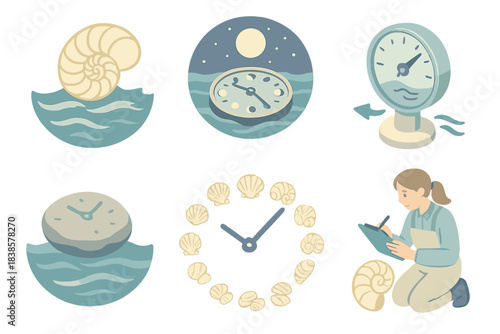 Tidal Timekeeper Icons. Isometric vector illustration set Tidal timekeeper: nautilus shell controlling ocean tides, moonlight