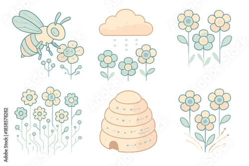 Cybernectar Data Exchange. Isometric vector illustration set Cybernectar exchange: robotic bee pollinating data flowers, circuit