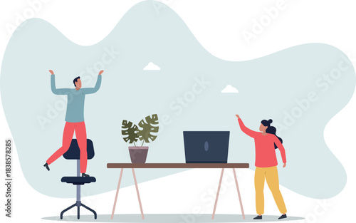 Business Team Characters Rejoices Near Their Computers, Celebrating Success .flat vector illustration.life and employment of people.