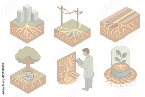 Bio-integrated Cityscape. Isometric vector illustration set Bio-infrastructure roots: glowing root network beneath city, roots
