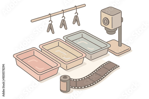 Film Lab Serenity. Isometric vector illustration set Film lab arrangement: clean modular darkroom layout, three pastel trays with