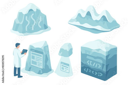 Futuristic Glacier Memory. Isometric vector illustration set Digital glacier memory: frozen data streams inside translucent ice,
