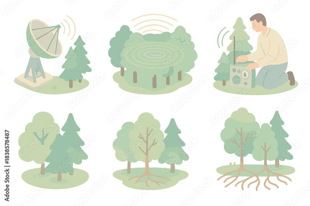 Fototapeta premium Forest Signal Array. Isometric vector illustration set Forest signal array: radio telescope detecting patterns from canopy, light