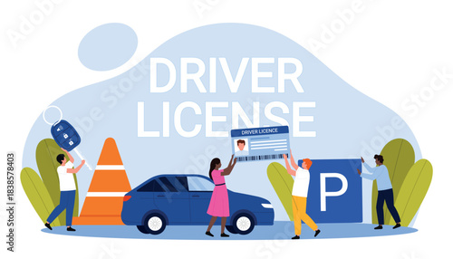 People obtaining driver license, holding car keys, and parking sign, modern urban scene, isolated on white background vector illustration