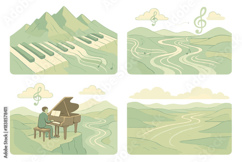 Musical Landscape Harmony. Isometric vector illustration set Harmonic geography: keys stretching into mountain ridges, melody