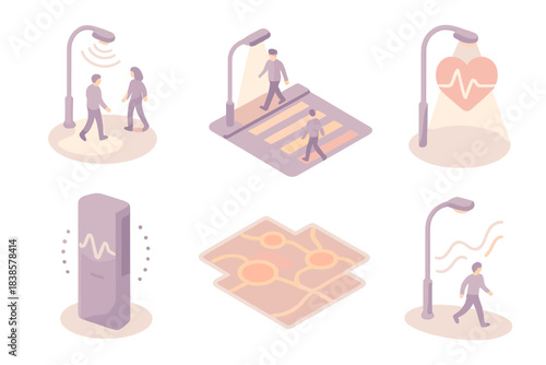 Smart City Light Rhythm. Isometric vector illustration set Pulse of the city: street lamps adjusting brightness to movement,