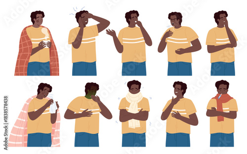 Unwell black man showing flu symptoms like cough, fever, headache, sore throat, tiredness, and sneezing in various poses, isolated on white background vector illustration