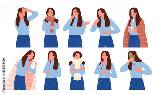 Young woman experiencing various cold and flu symptoms like headache, cough, fever, sore throat, and tiredness, perfect for health and medical topics set isolated on white background vector