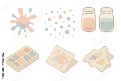 Artistic Ink Supplies. Isometric vector illustration set Artistic ink splashes: droplet patterns, splatter brushes, glass jars,