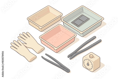 Film Processing Tools. Isometric vector illustration set Film processing tools: aligned trays filled with pastel-toned chemicals,