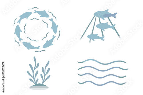 Bioluminescent Sea Dance. Isometric vector illustration set Submarine radiance: group of glowing fish forming circular pattern,