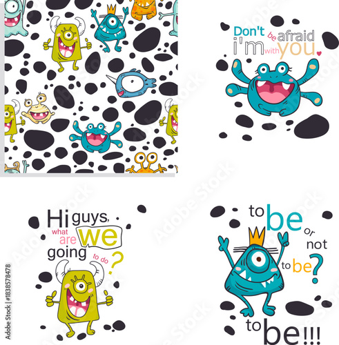 Fun vector prints featuring monsters. A set of illustrations and a seamless print. Funny children's fictional characters in a cartoon style. Prints for children's T-shirts and sweatshirts. 