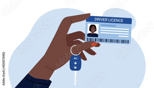 Hand of African American person holding driver license and car key, representing identification and vehicle access, modern flat style, official document concept vector illustration