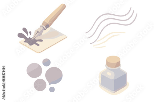 Fluid Ink Artistry. Isometric vector illustration set Fluid writing study: ink splash expanding from pen tip, curved lines forming
