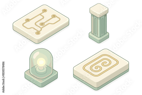 Retro Electric Elegance. Isometric vector illustration set Retro-electric refinement: pearl circuits, subtle gold filaments, art