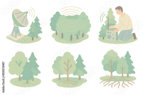 Forest Signal Array. Isometric vector illustration set Forest signal array: radio telescope detecting patterns from canopy, light
