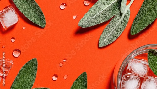 Refreshing drink with ice cubes, sage leaves, and water droplets on orange.