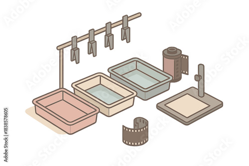 Film Lab Serenity. Isometric vector illustration set Film lab arrangement: clean modular darkroom layout, three pastel trays with