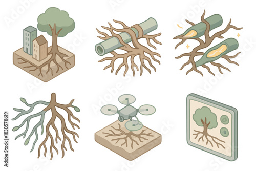 Living Infrastructure Design. Isometric vector illustration set Living infrastructure: tree roots supporting buildings, roots