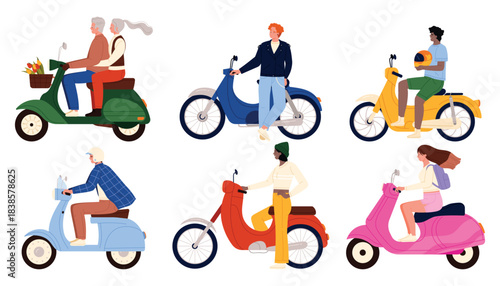 Group of men and women riding various scooters and motorcycles, wearing helmets and casual outfits, showing different ages and styles, isolated on white background vector illustration