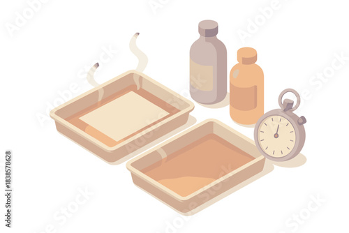 Analog Photography Essentials. Isometric vector illustration set Darkroom precision: photographic trays glowing with warm