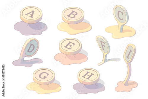 Melting Typewriter Keys. Isometric vector illustration set Typography meltdown: round antique typewriter keys dissolving into