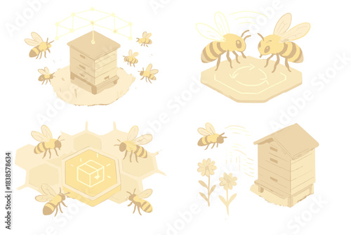 Digital Bee Symphony. Isometric vector illustration set Algorithmic hive mapping: digital overlay above bee colony, insects