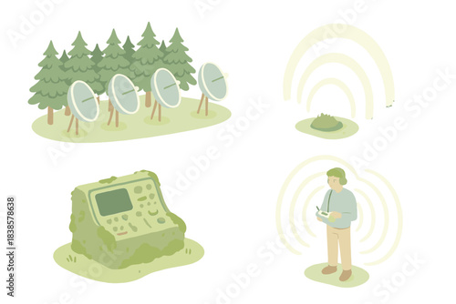 Harmonic Forest Frequencies. Isometric vector illustration set Harmonic forest frequencies: parabolic antennas aligned with
