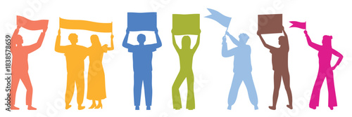 Group of colorful silhouettes of people standing and holding posters, placards, and flags, representing activism, protest, and demonstration, isolated on white background vector illustration
