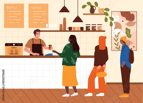 Customers standing in line at a modern cafe counter, barista serving coffee, cozy interior, casual atmosphere, social interaction, daily life concept vector illustration