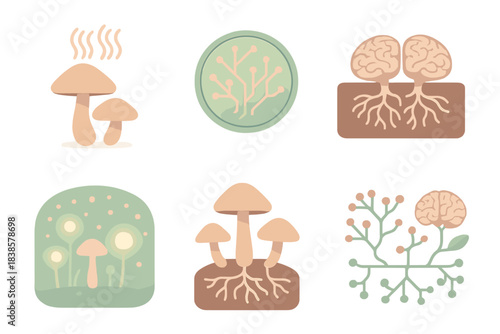 Symbiotic Neural Ecosystem. Isometric vector illustration set Thought root symbiosis: mushroom caps emitting brainwave signals,