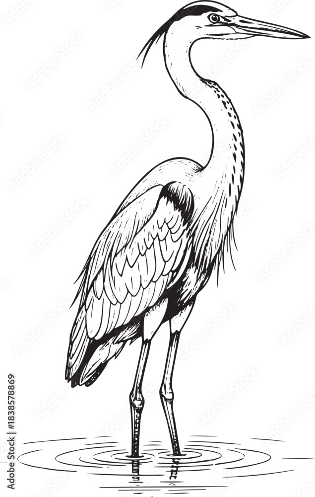 Naklejka premium Grey Heron Standing in Water: Detailed Wading Bird Line Art Drawing