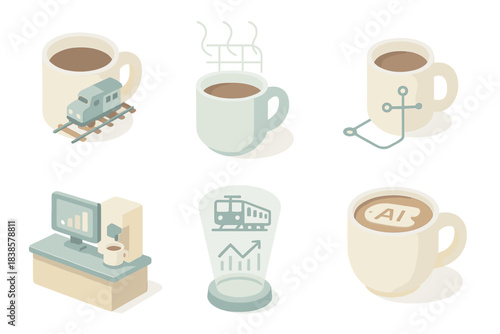 Rail Coffee Connection. Isometric vector illustration set Rail-time café logic: mug projecting train icons, steam trails forming