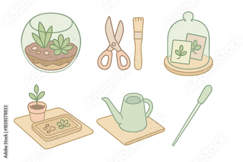 City Gardener Essentials. Isometric vector illustration set City gardener essentials: open terrarium bowl with plants and pebbles,