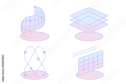 Threaded Holograms Isometric Art. Isometric vector illustration set Threaded holograms: glowing grids, digital frames, layered
