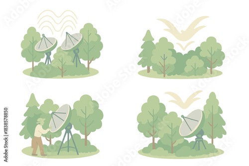 Nature-Inspired Radio Dishes. Isometric vector illustration set Canopy communication array: radio dishes camouflaged among trees,