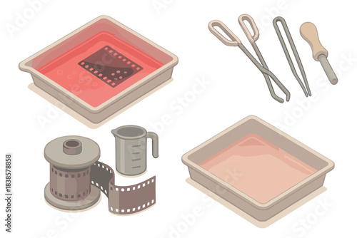 Vintage Photo Chemistry. Isometric vector illustration set Vintage photo chemistry: developer tray glowing under red light