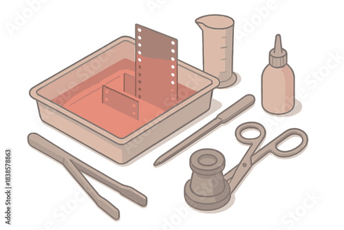 Vintage Photo Chemistry. Isometric vector illustration set Vintage photo chemistry: developer tray glowing under red light