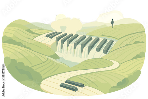 Musical Dreamscape. Isometric vector illustration set Musical horizon: piano key rows turning into terraced landscape, cascading