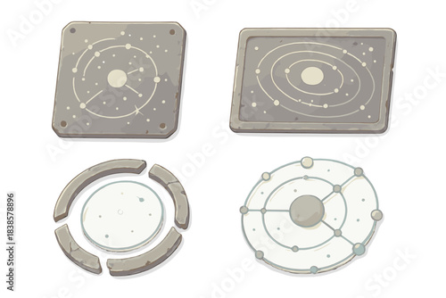 Forgotten Cosmic Charts. Isometric vector illustration set Forgotten cosmic charts: aged metal plates, etched starmaps, orbit