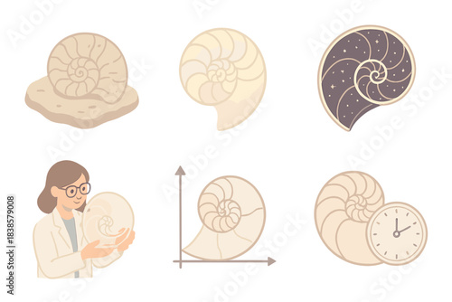 Fossil Shell Evolution. Isometric vector illustration set Chrono-shell evolution: fossil shell timeline, glowing chamber sequence,