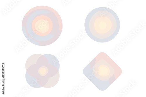 Pastel Geometric Illusions. Isometric vector illustration set Delicate pigment geometry: circular layers, radial gradients, ink