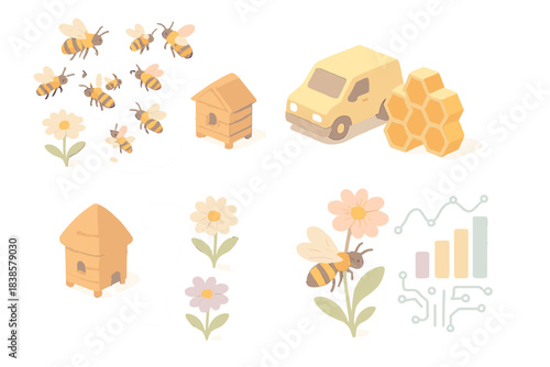 Hive Logistics Network. Isometric vector illustration set Hive logistics network: bee swarm choreographing delivery routes,