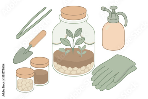 Modern Plant Toolkit. Isometric vector illustration set Modern plant toolkit: glass jar terrarium surrounded by shovel, tweezers,