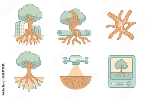 Living Infrastructure Design. Isometric vector illustration set Living infrastructure: tree roots supporting buildings, roots