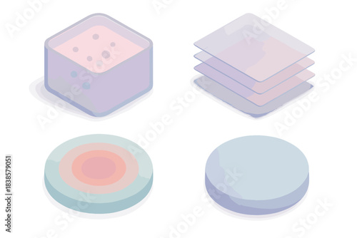 Silent Diffusion Study. Isometric vector illustration set Silent diffusion study: suspended ink layers, fine transparency film,