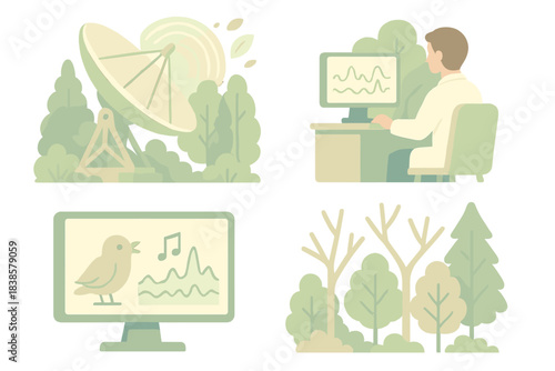 Botanical Radio Observatory. Isometric vector illustration set Botanical radio observatory: large satellite dish surrounded by