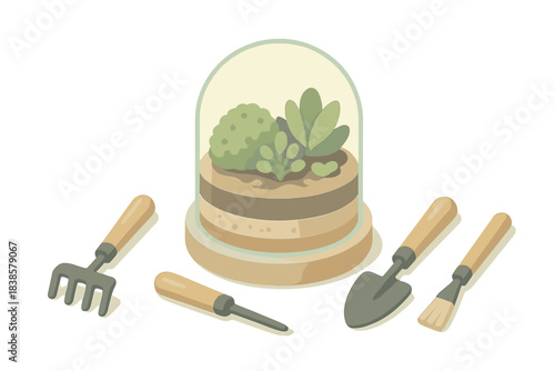 Terrarium Crafting Tools. Isometric vector illustration set Terrarium crafting set: small tools for miniature gardening—tiny rake,