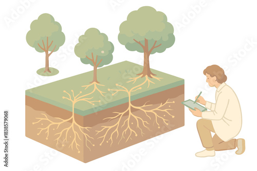 Neural Forest Network. Isometric vector illustration set Neural forest network: trees linked by glowing root systems, soil section